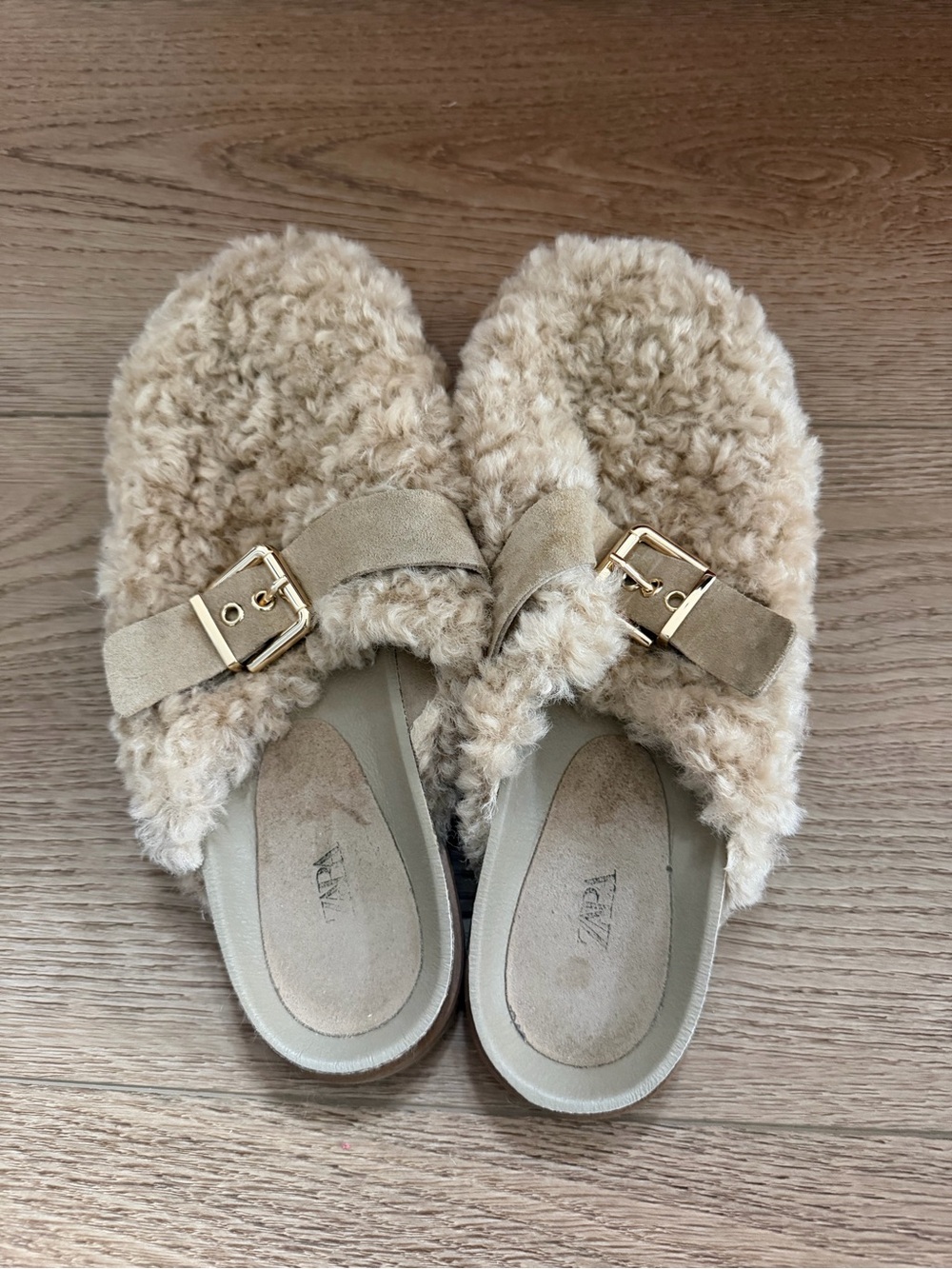 Zara Beige Faux Shearling Buckle Mules